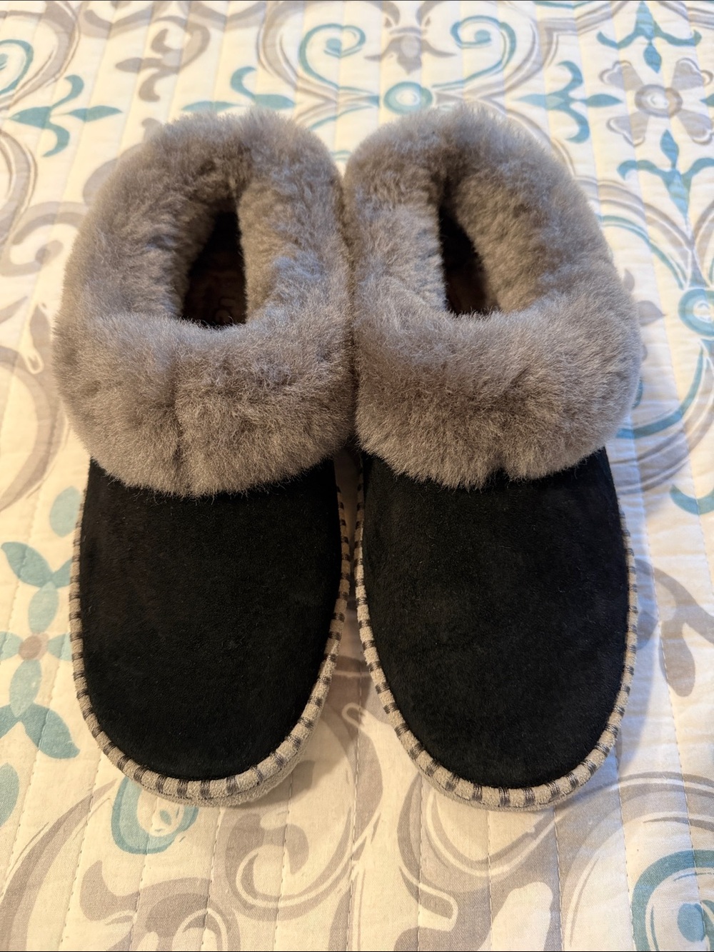 UGG Women’s Black Suede Slippers with Gray Faux Fur Collar